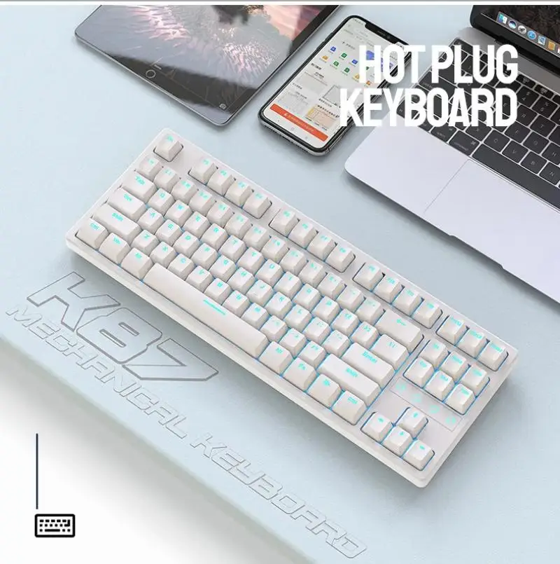 Imagem -05 - Ziyoulang-tipo-c com Fio Gaming Teclado Mecânico 87 Teclas Branco Gelo Azul Backlighting Teclados Personalizados Hot-swap