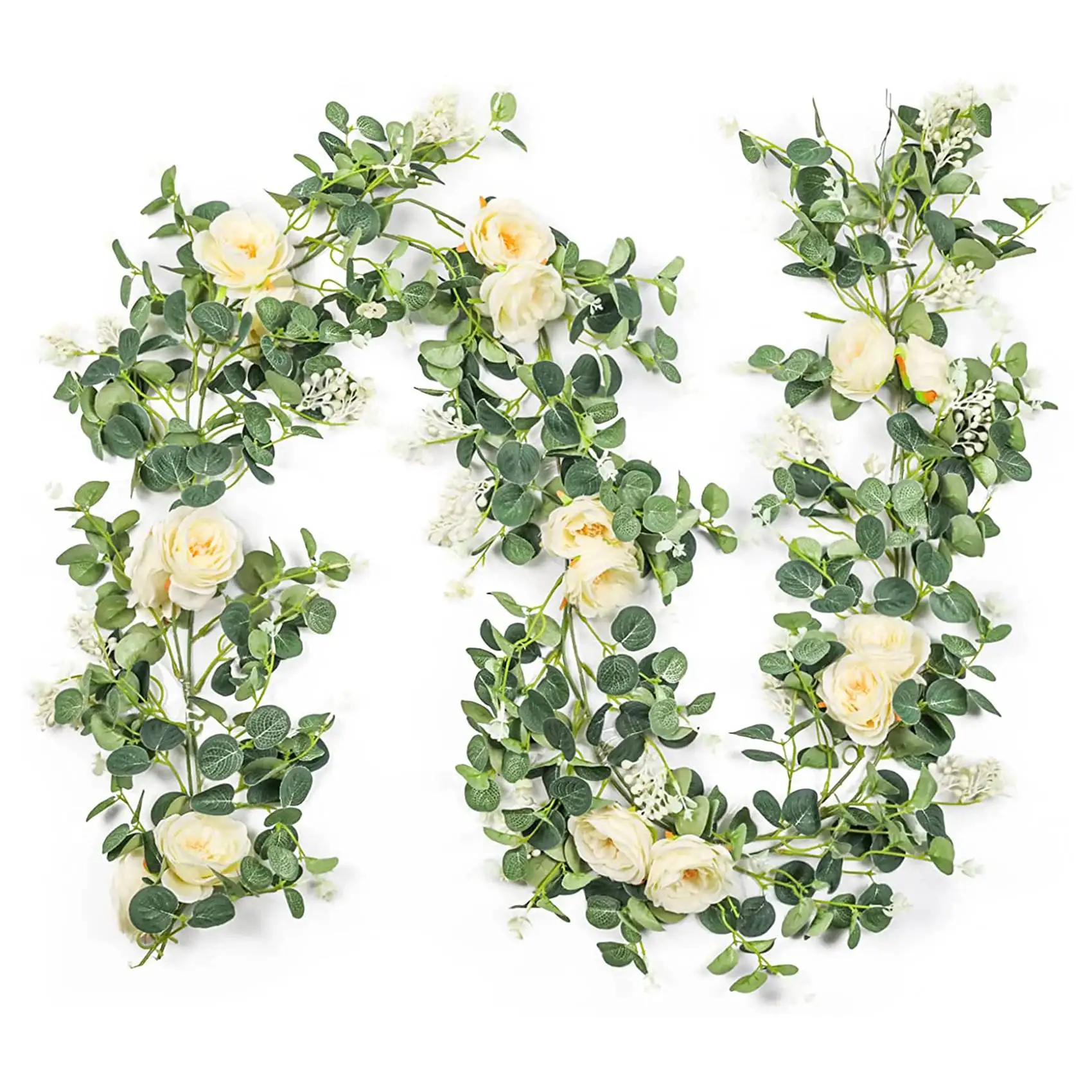 2 Pack Eucalyptus Garland with Champagne Rose, Greenery Garland Bulk Artificial Silk Floral Eucalyptus Leaves Vines(A)