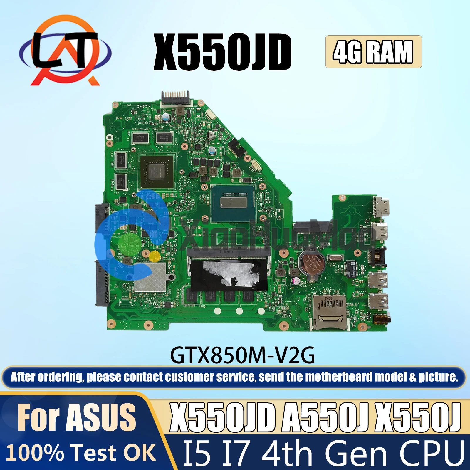 X550JD/X550JK Mainboard For ASUS FX50J A550J X550J Laptop Motherboard I5 I7-4th CPU 4G-RAM GTX820M GTX850 GPU V2G chips