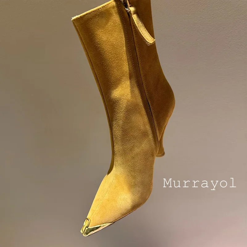 ใหม่ของแท้หนังแปลกรองเท้าส้นสูงรองเท้าสั้นผู้หญิง Pointed Toe โลหะตกแต่งด้านข้างซิปข้อเท้า Botas ฤดูใบไม้ผลิฤดูใบไม้ร่วงโมเดิร์นรองเท้า