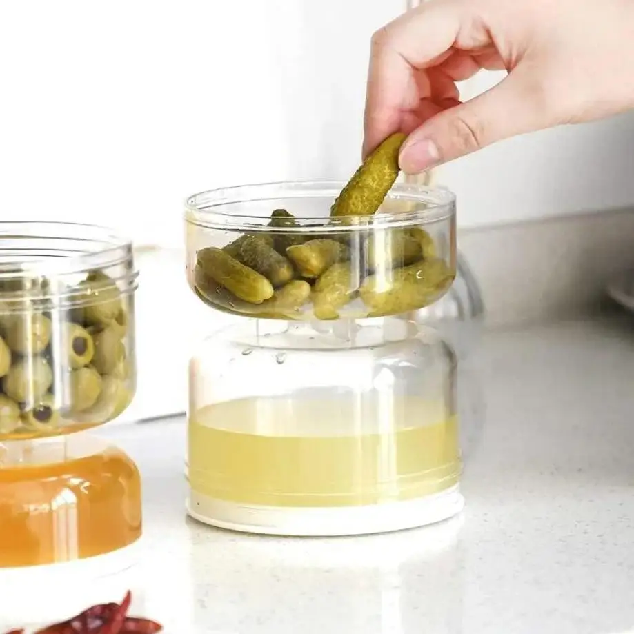 Tarro sellado para encurtidos, caja de almacenamiento con separación de líquidos y sólidos para cocina doméstica, con colador abatible, diseño de reloj de arena, contenedor para aceitunas