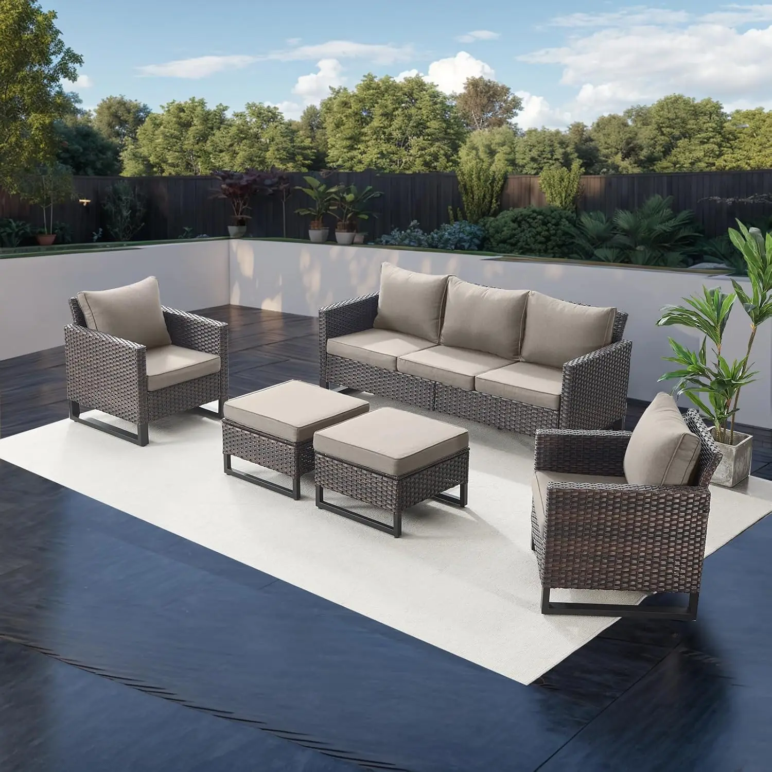 

Luxury Wicker Outdoor Patio Furniture Set of 5-5 Piece Patio Conversation Set with Ottoman*2, Wicker Chairs*2,, Customized