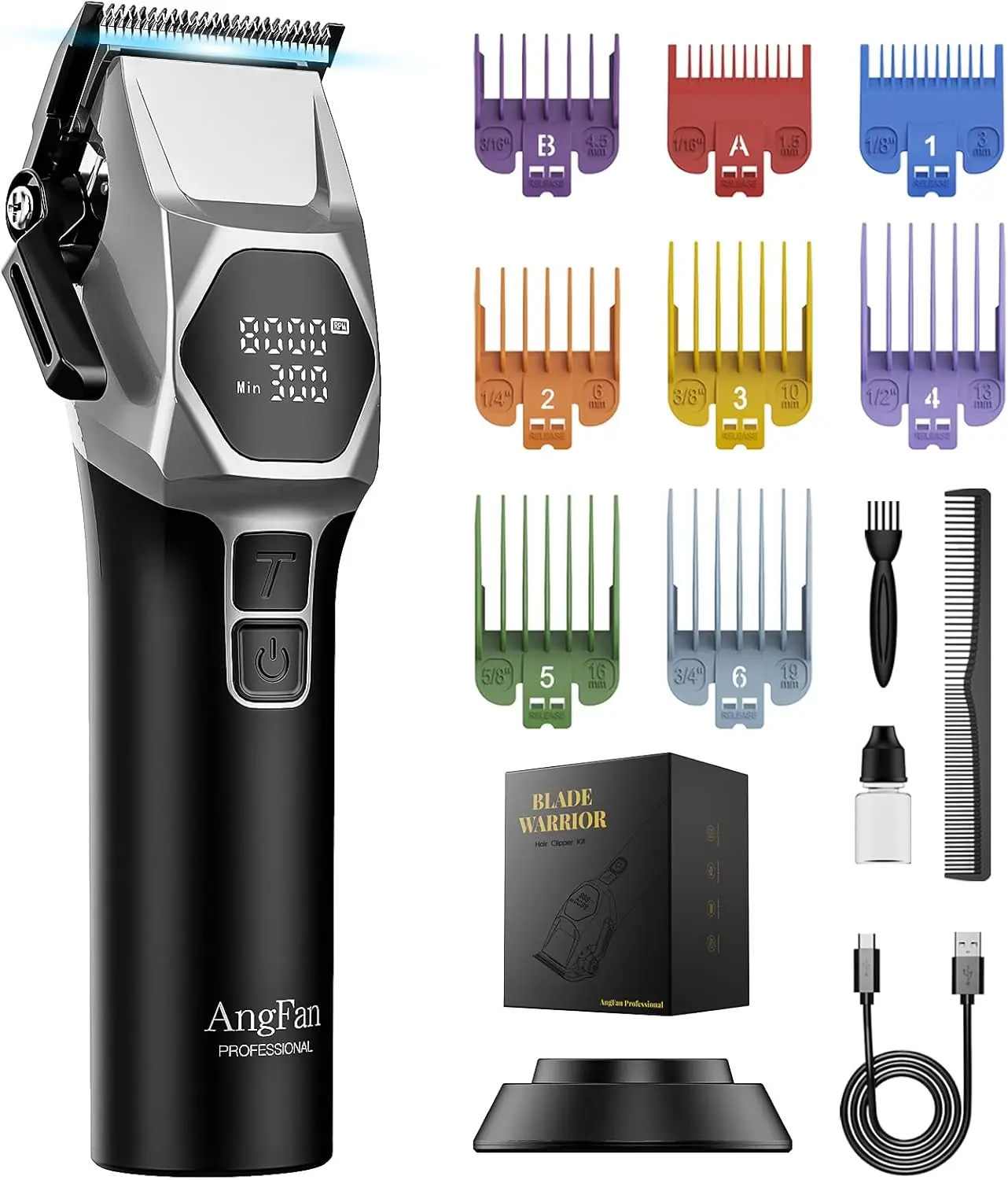 Professional Cordless Hair Clippers for Men - 8000RPM Motor, 5-Speed, 440C Blades with Charging Dock & 8 Guards