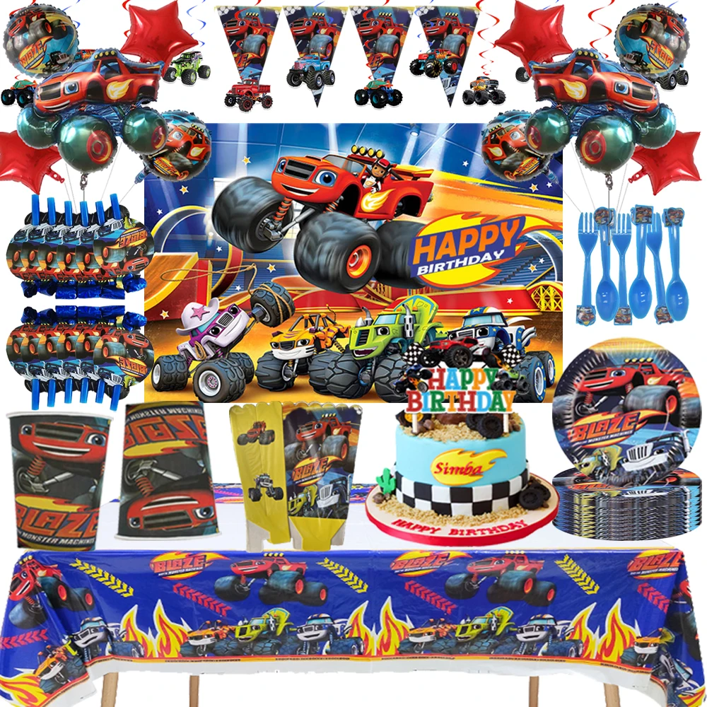 Blaze Monster-decoraciones para fiesta de cumpleaños, plato, taza, pancarta, globos, máquinas, vajilla de carreras, suministros para fiesta de bienvenida de bebé para niños