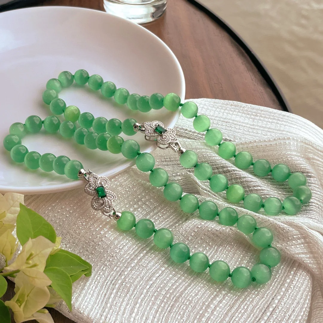 

Super beautiful fruit green artificial opal collarbone chain 12mm large particle artificial crystal necklace, knotted one by one