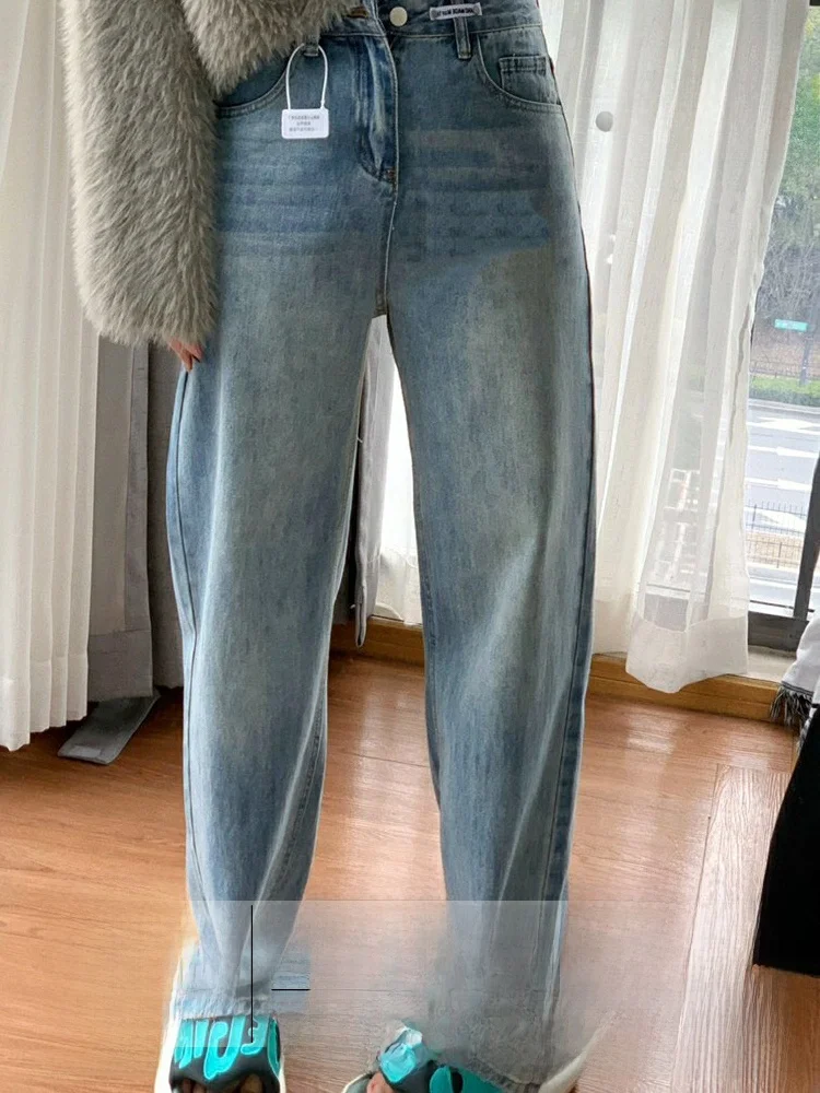 High Waist Wide Leg Retro Straight Jeans Women's Loose Fit Floor Length Trousers Spring 2025 New Sle Casual Denim Pants