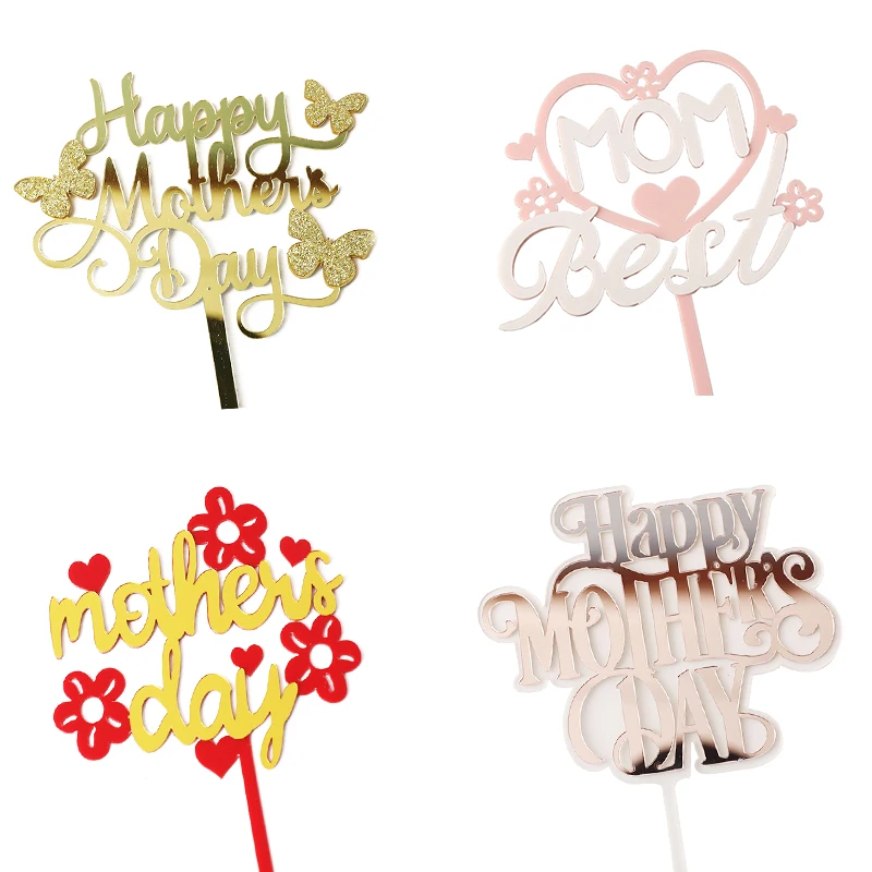 10pc Best Mom Mother\'s Day Party Cake Topper Pink Red Love You Mum Acrylic Cake Topper for Mommy Birthday Party Cake Decor Gift