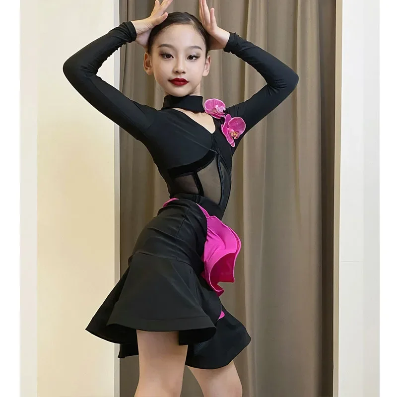 Vestido de malla de manga larga con flores latinas de salón para niña, traje de baile americano rumba cha samba tango, ropa de práctica de competición para chico