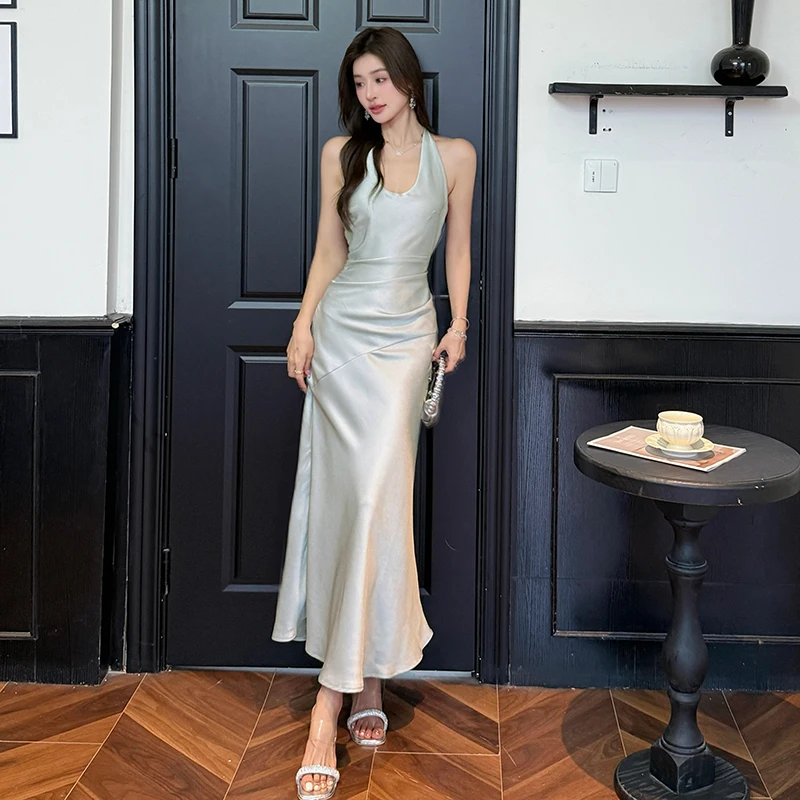 

French Style Elegant Satin Slim Sleeveless Dress Women Slimming Adjustable Tie Carpet Resort Wedding Bodycon Long Evening Summer