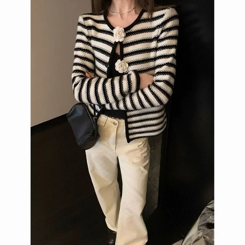 Women Clothing Spring Autumn Fashion Office Lady Elegant Striped Color Blocking Female Crochet Knitting O-neck Long Sleeve Tops