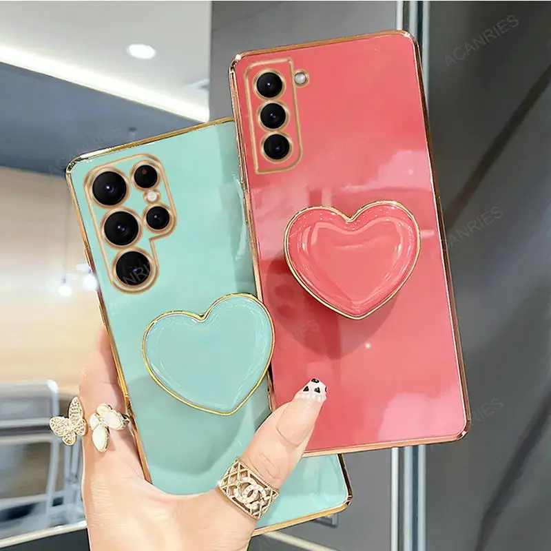 S 23 22 21 Love Heart Holder Luxury Plating Case For Samsung Galaxy S23 Ultra S22 Plus S20 S21 Fe Stand Fashion Silicone Cover