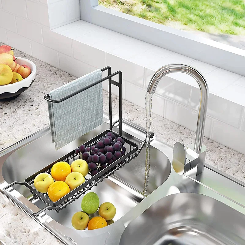 Telescopic Sink Shelf Adjustable Kitchen Soap Sponge Rag Brush Holder Stainless Steel Sink Drain StorageRack Sink Storage Basket