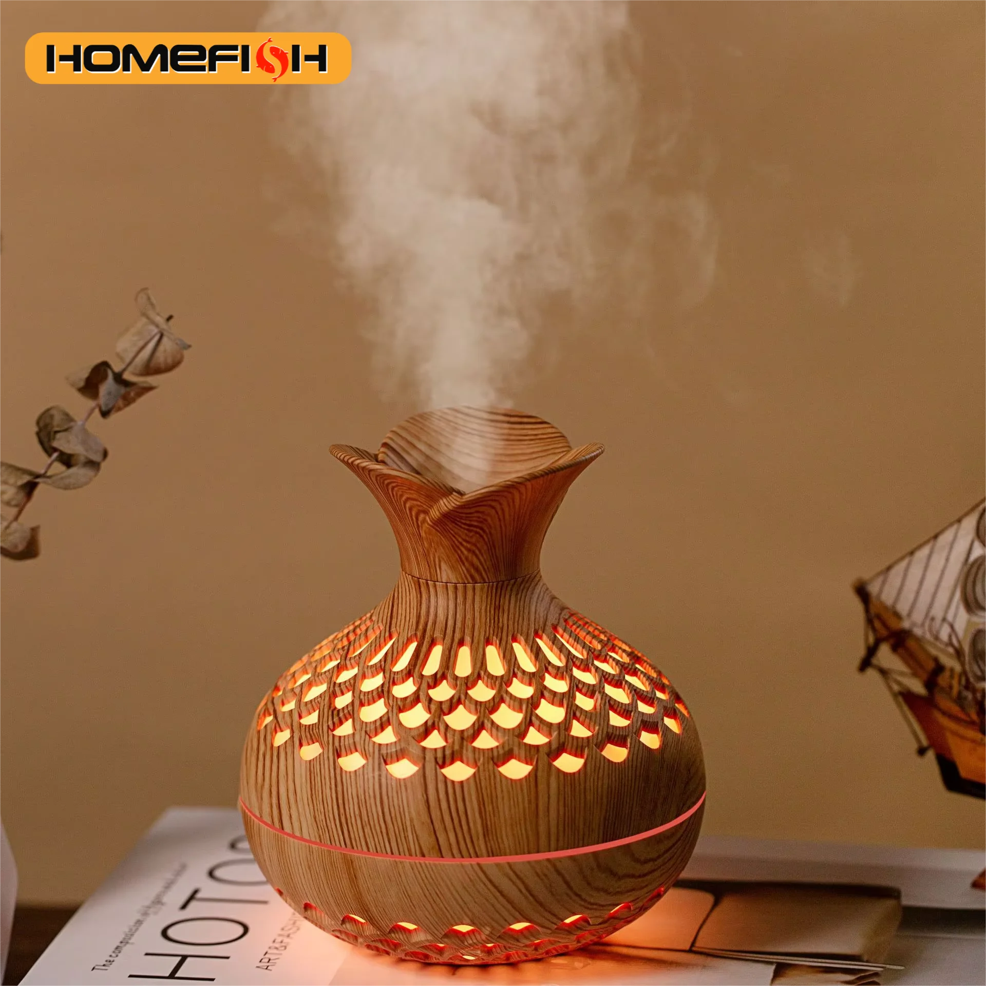 HOMEFISH 300ml USB Air Humidifier Mini Humidifier Desktop Humidifier Hollow Vase Shape Humidifier With Colorful Night Lights