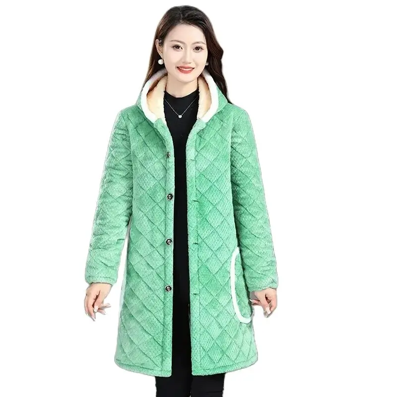 Winter Mid-Long Cotton Jacket Women New Loose Hooded Coat Fashion Single-Breasted Outerwear Pure Colour Thicken Overcoat Female