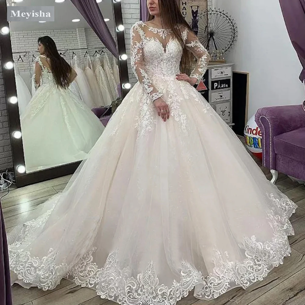 ZJ9448  Ball Gown Princess Wedding Dresses O-Neck Court Train Vestido De Novia Lace Embroidery Custom Made Bridal Gowns