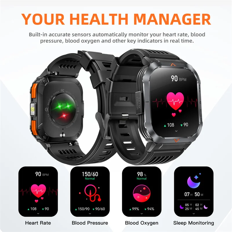 2024 New For Xiaomi Outdoor military Smart Watch Men 3ATM Waterproof Bluetooth Call LED Lihgting Compass Heart Rate Track Watch