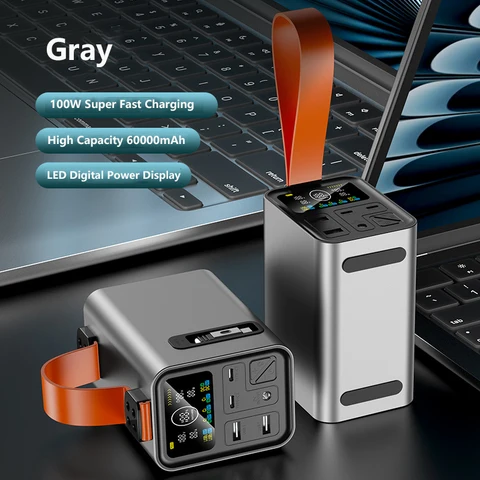 Внешний аккумулятор (Power Bank) 60000 мАч с выдвижным кабелем USB Type-C 12В/24В DC, быстрая зарядка PD100W для ноутбуков, iPhone, Samsung, Xiaomi