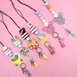 Silicon Beaded Lanyard Keychian With Mouse Head Book Rainbow Sunflower TeacherGifts Tassel Acrylic Glitter