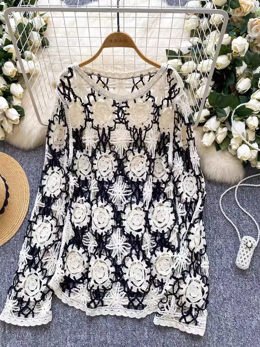 Suéter de malha de crochê com margaridas, manga longa, transparente, malha aberta, pulôver para mulheres, adolescentes, saída boho, roupa de praia