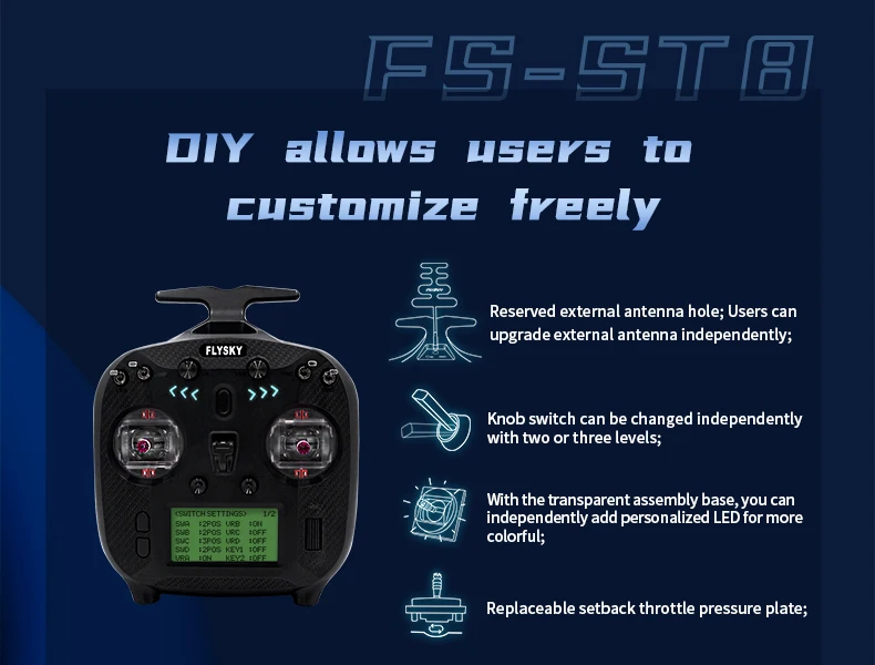 FlySky FS-ST8 Transmitter 8-12 Channels RGB Lights DIY Customizable, Multi-functional Type-C Firmware Upgrade 10H Battery Life