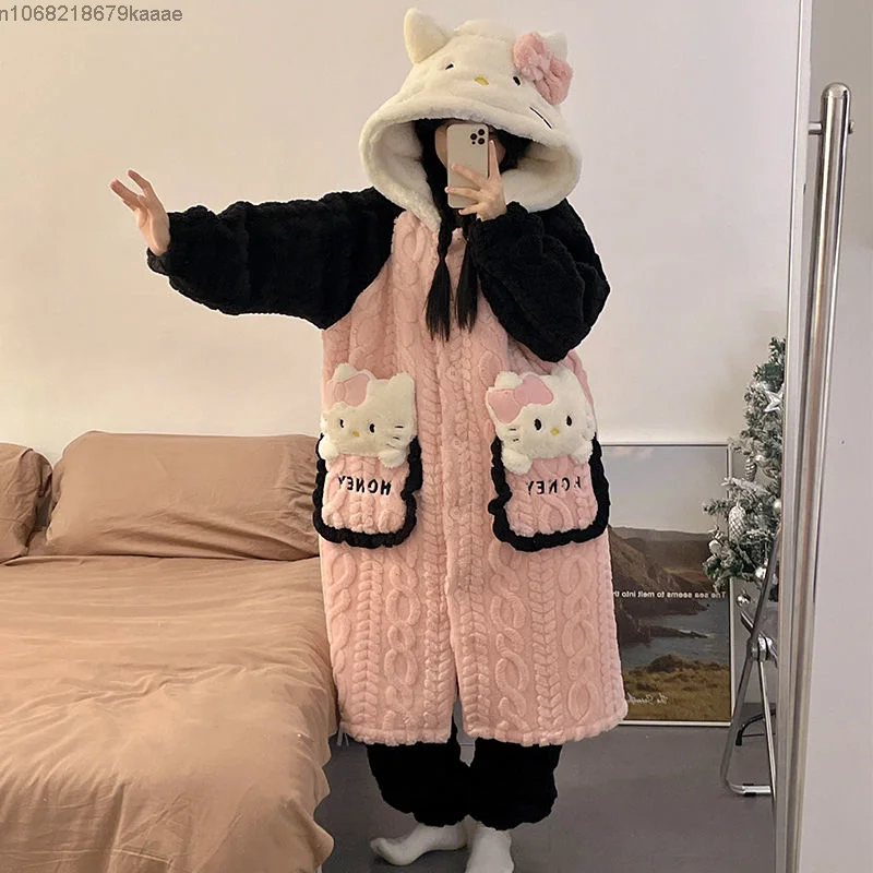 Sanrio Hello Kitty Women Winter Coral Velvet Sleepwear New Thickened Long Sleeve Cute Home Clothes Sweet Y2k Girl Hooded Pajamas