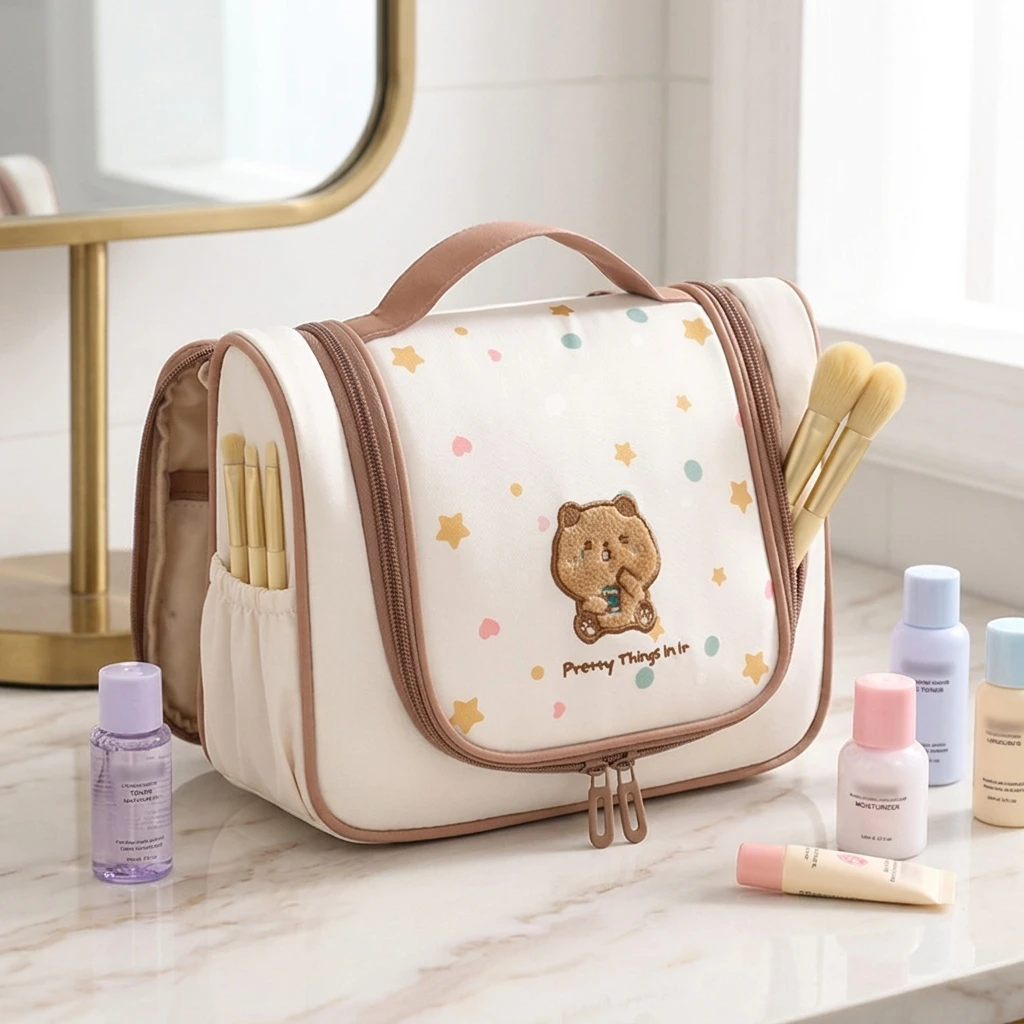 Travel Toiletry Bag Hanging Storage Embroidery Design Portable Cosmetic Bag Waterproof Polyester