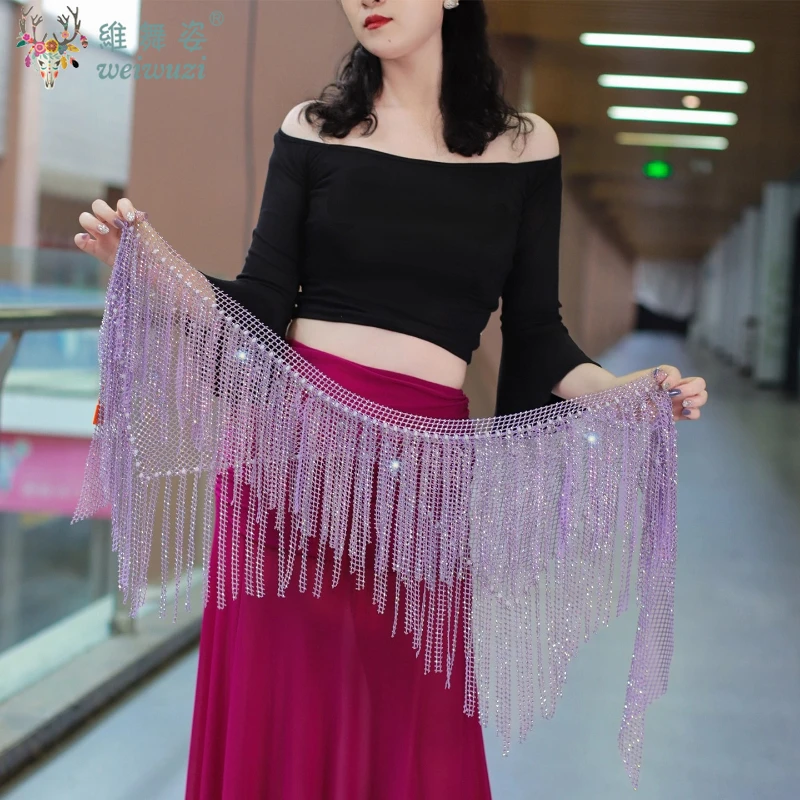 เข็มขัดเต้นรำท้อง เข็มขัดหิน AB ที่มีประกายพู่สามเหลี่ยมผ้าพันคอสะโพกสำหรับผู้หญิงอุปกรณ์เสริมการเต้นรำแบบตะวันออกเข็มขัด