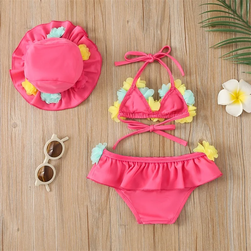 Infant Baby Girl Beach Swimsuit Flower Halter Neck Tops + Ruffle Shorts + Swim Caps 3pcs Bikini Set Summer Swimwear Bathing Suit