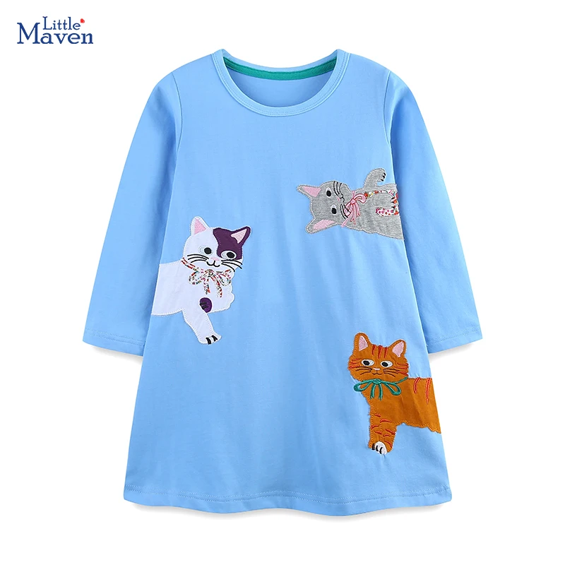 Little maven Autumn Children\'s Clothing Cotton Baby Girl Long Sleeves Casual Dress Cartoon Cats Embroidery Kids Girls Dresses