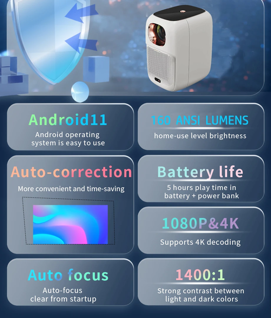 1080p Native 11 1GB 8GB 4K LED Projector with Battery Auto Focus  Portable Projector with Battery