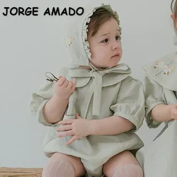Summer Baby Girl Peter Pan Collar Bodysuit Mint Green Puff Short Sleeve Jumpsuit+Lace Up Hat+Bibs Infant Crawling Clothes E3303