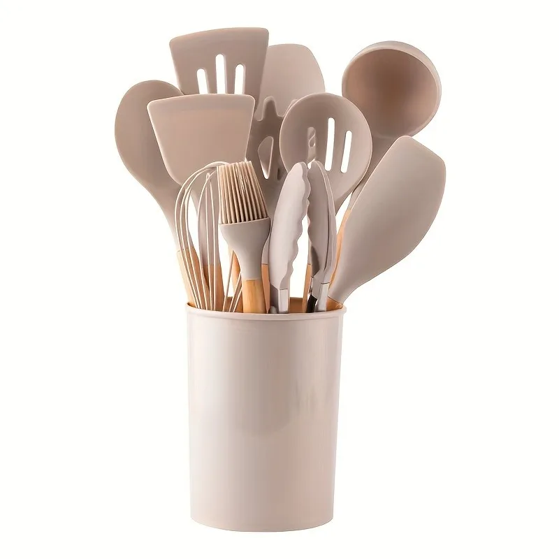 1 Set Kitchen Utensil Set, Silicone Cookware Set, 12pcs Silicone Kitchen Utensil Set, Wooden Cooking Utensils, Kitchen Gadgets,