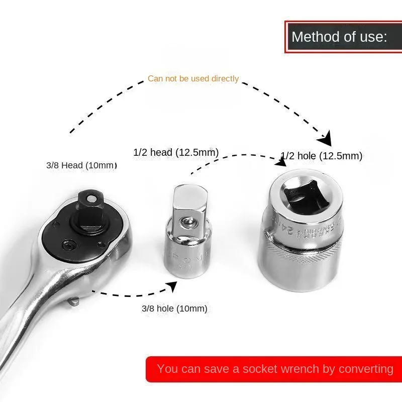 Adaptador de enchufe de Llave de trinquete 1/2, volante grande 3/8, volante medio 1/4, volante pequeño, herramientas de trabajo de acero al cromo vanadio