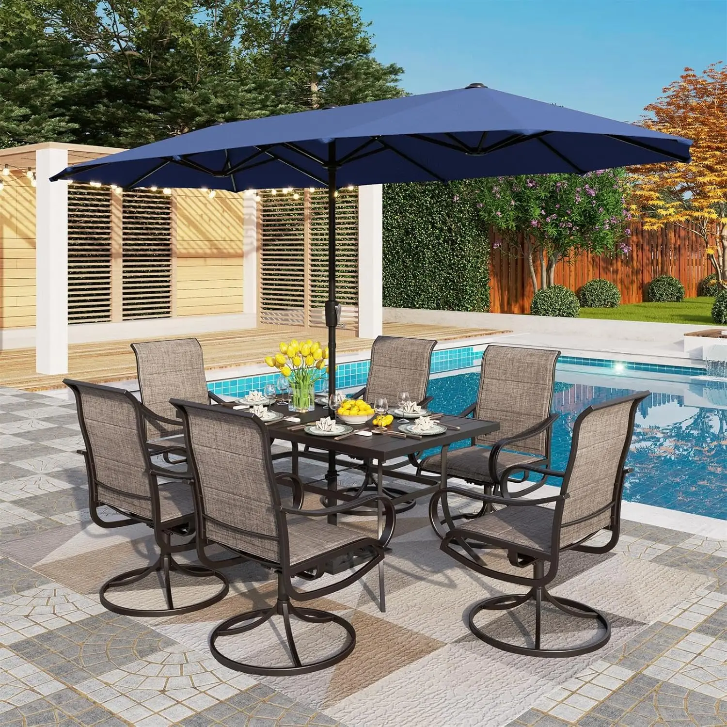 

8 Piece Patio Dining Set with 13ft Patio Umbrella (Navy Blue), 6 Outdoor Padded Swivel Dining Chairs