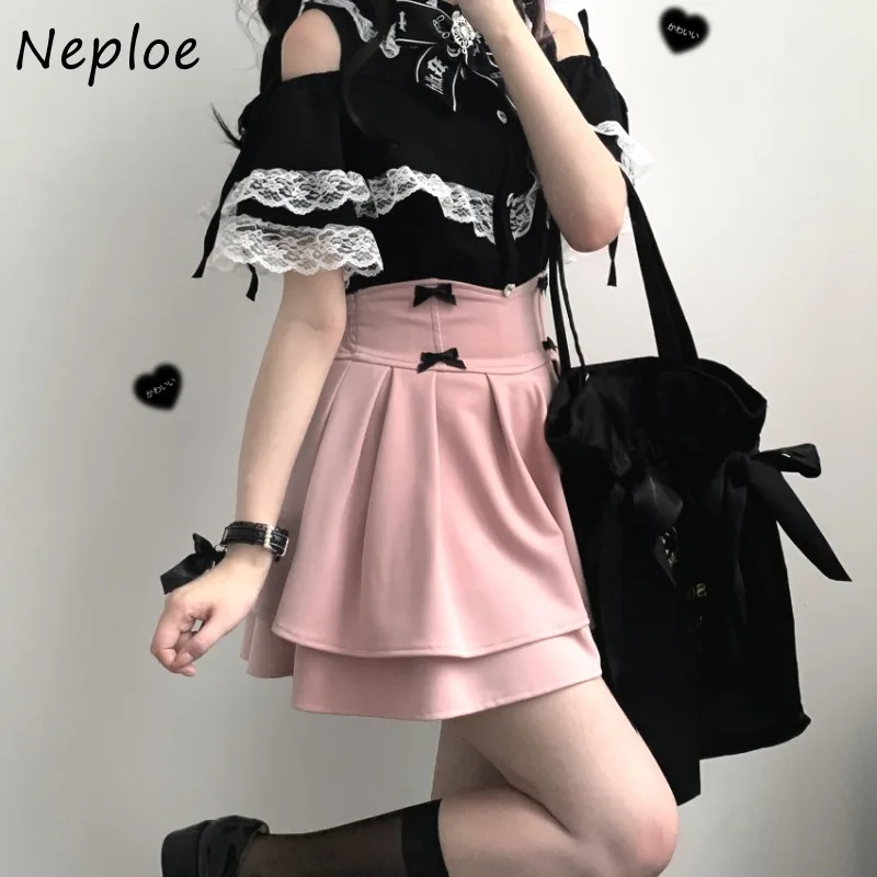 

Neploe Japanese Sweet Bow Bilayer Ruched Skirts 2024 Summer New A-line Skirt for Women Y2k High Waist Pink Faldas Mujer