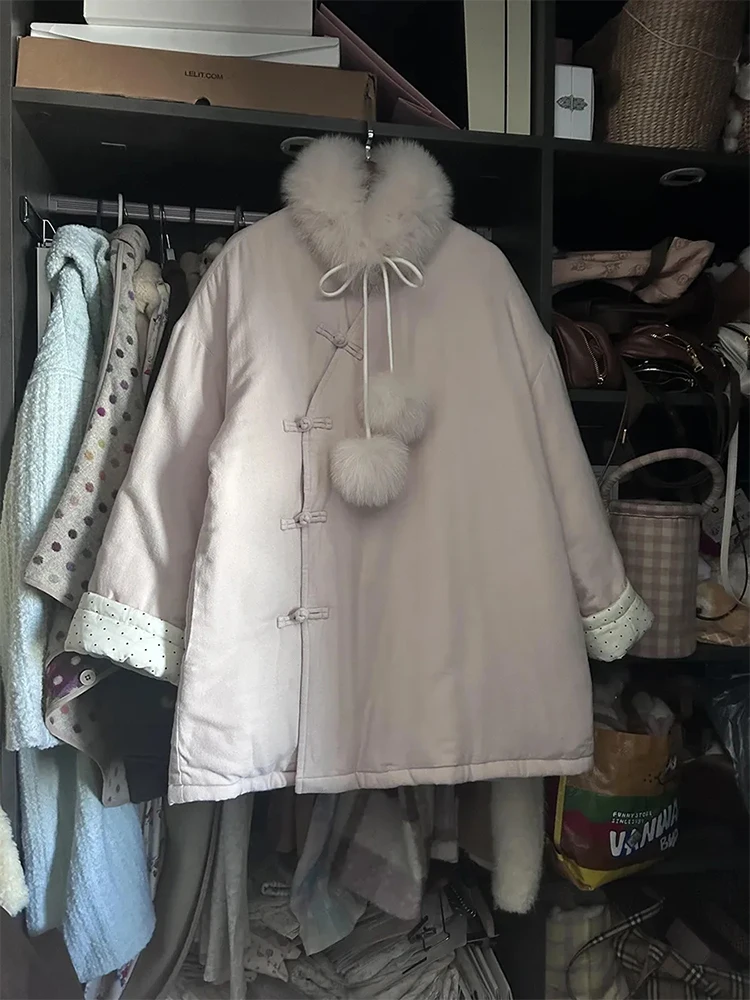 Ele Pink Cotton Jaet Damen mittellanger Knopfmantel Soft Sle Chinese National Trend Winter 2025, Neuankömmling