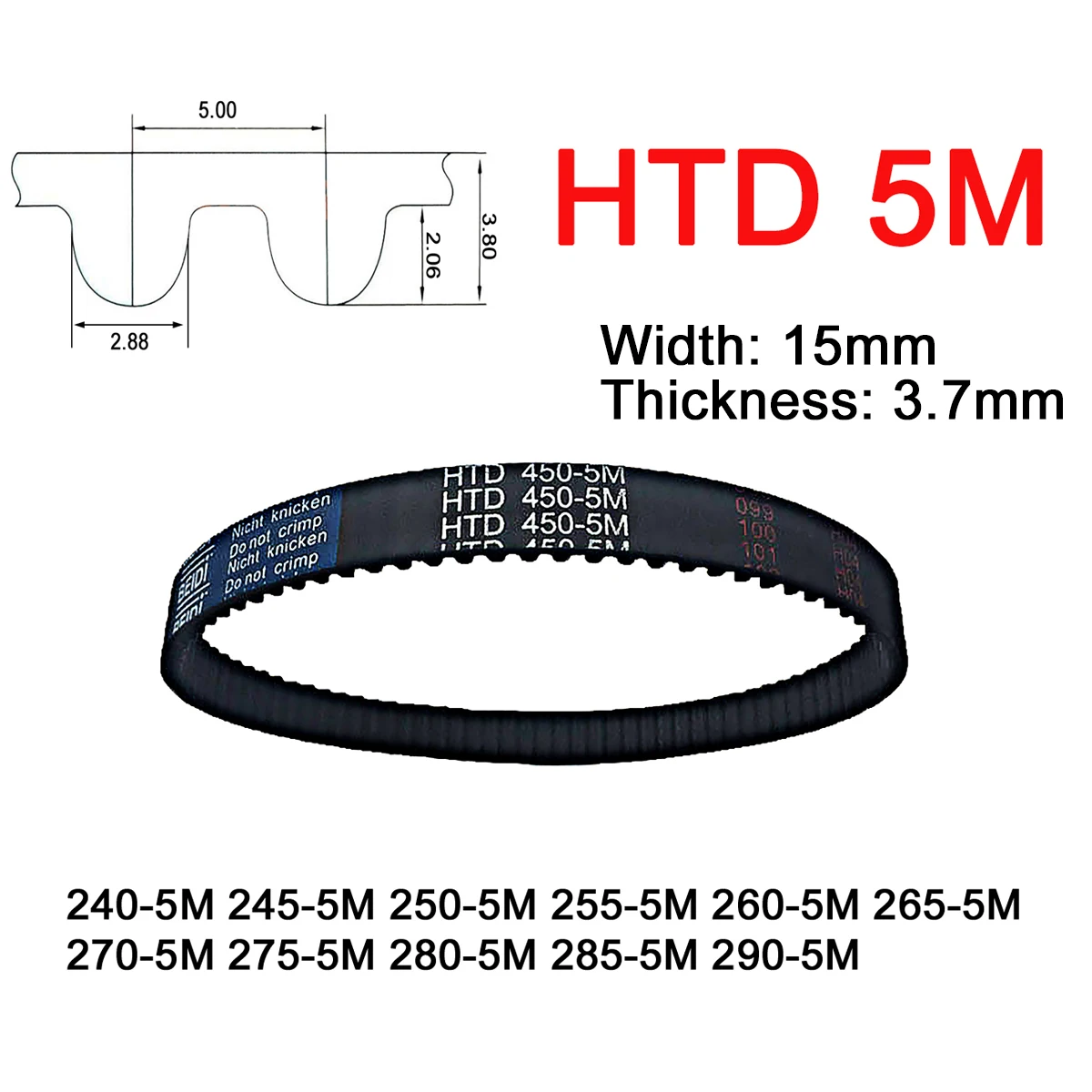 1Pc Width 15mm 5M Rubber Arc Tooth Timing Belt Pitch Length 240 245 250 255 260 265 270 275 280 285 290mm Synchronous Belt