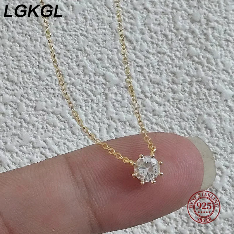 LGKGL 925 Sterling Silver 18k Gold Plated Necklace Versatile Single Sparkling Zircon Clavicle Chain for Women Wedding Jewelry