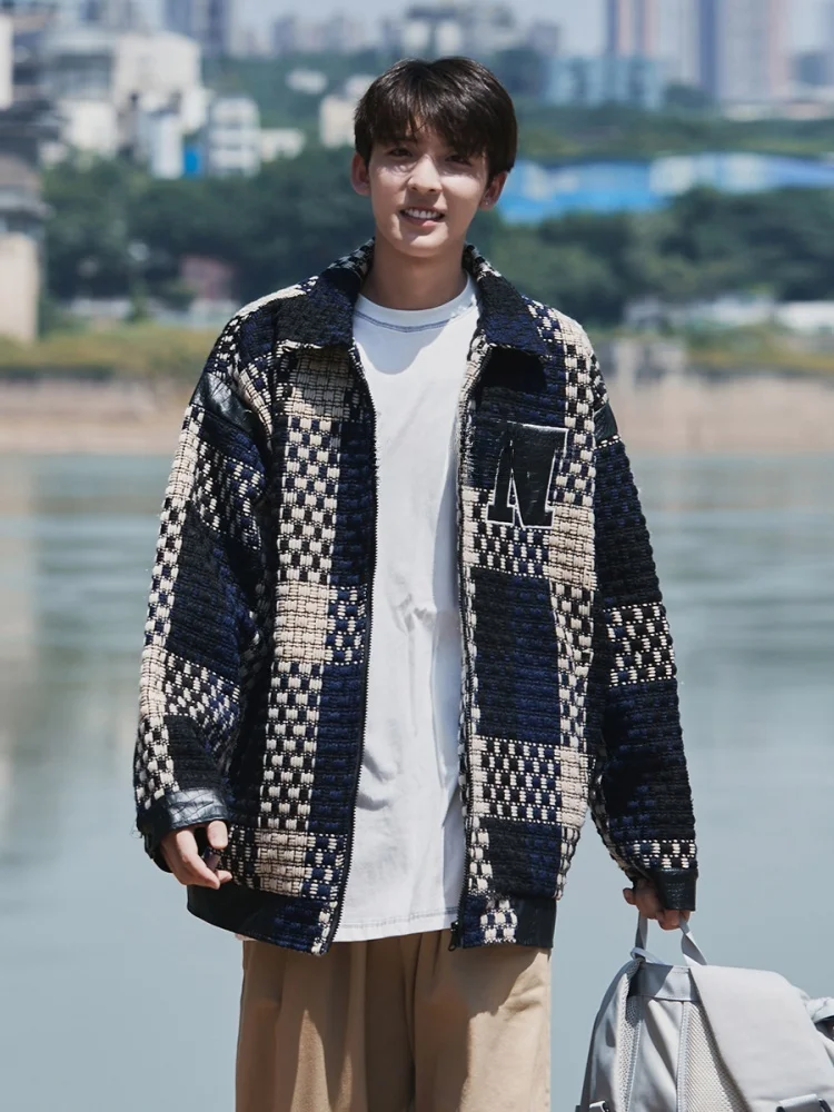 

Ретро-куртка в американском стиле для мужчин, осенняя, в клетку, с элементами пэчворка, шерстяная верхняя одежда, молодежная, элегантная, весна-осень