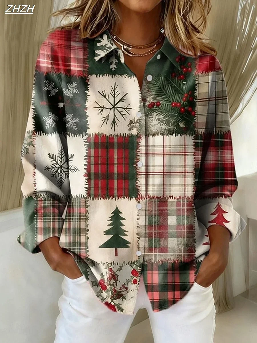 

Christmas Women's Shirt Blouse Graphic Geometric Christmas Tree Vintage Stylish Long Sleeve Shirt Collar Regular Tops Winter
