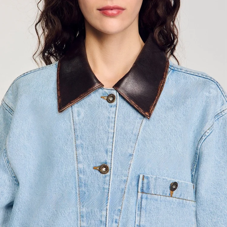 Asa printemps été nouveau col en cuir pour femmes Denim Jaet BL0080 trajet Sle Long Sve coupe ample une pièce