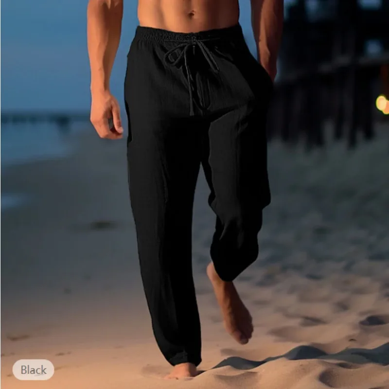 Men's Linen Trousers Summer Pants Beach Pants Drawstring Elastic Waist Straight Flat Comfortable Breathable Casual Daily