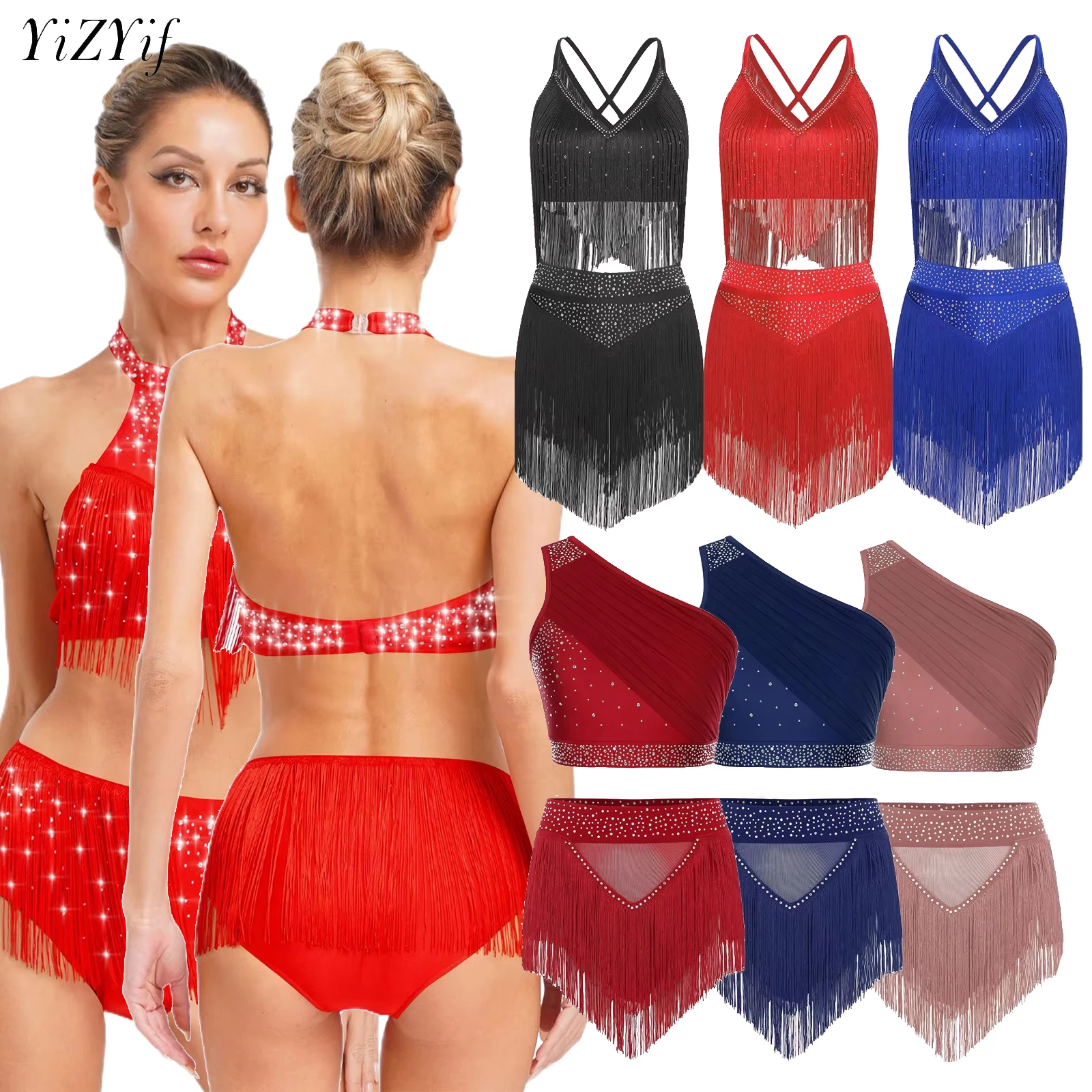 

Modern Lyrical Dance Costume Tango Salsa Latin Dance Performance Competition Dancewear Sleeveless Fringe Crop Top with Skirt Set