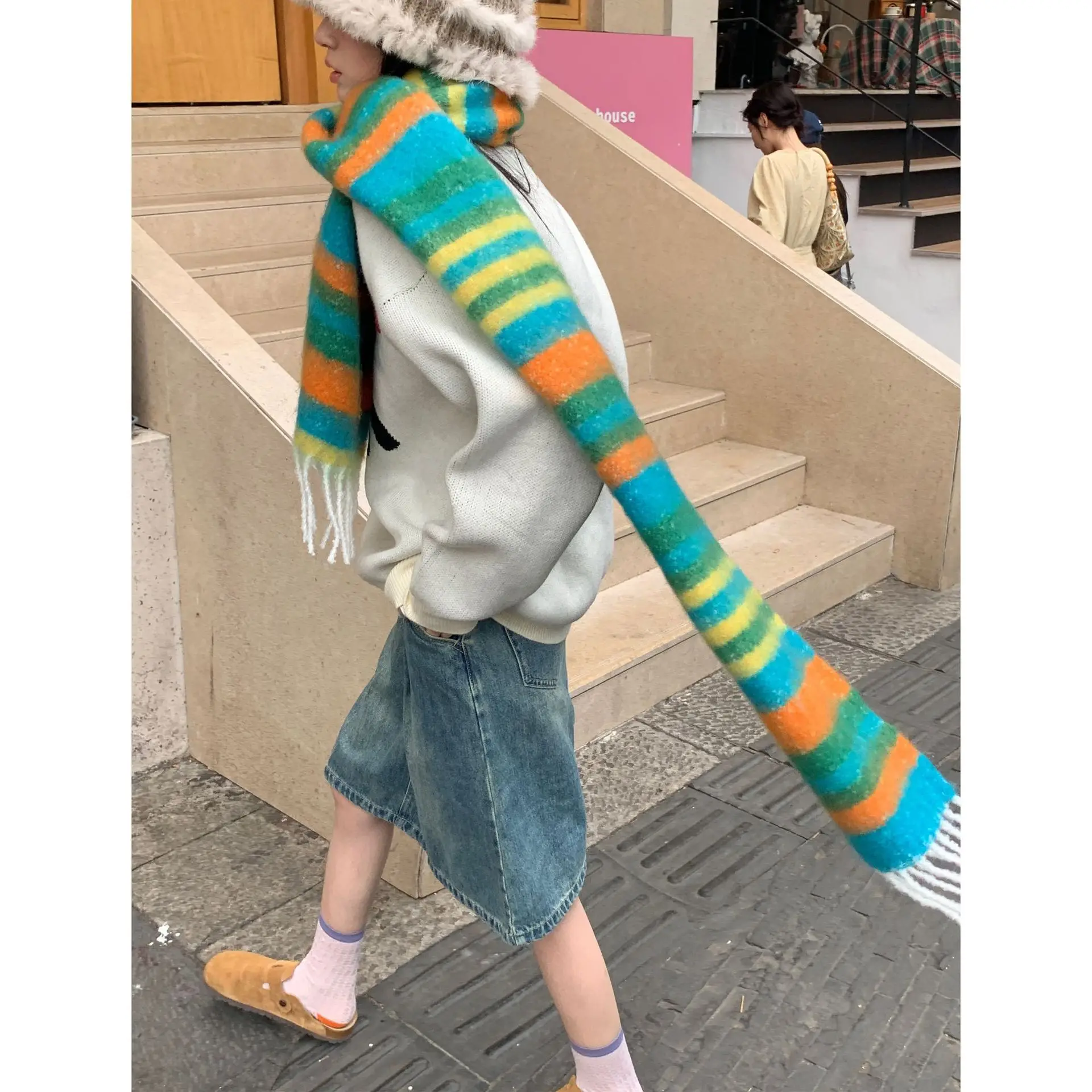 CTRLLOCK Cute Rainbow Stripe Tassel Thick Knitted Colorful Women Long Scarf Winter