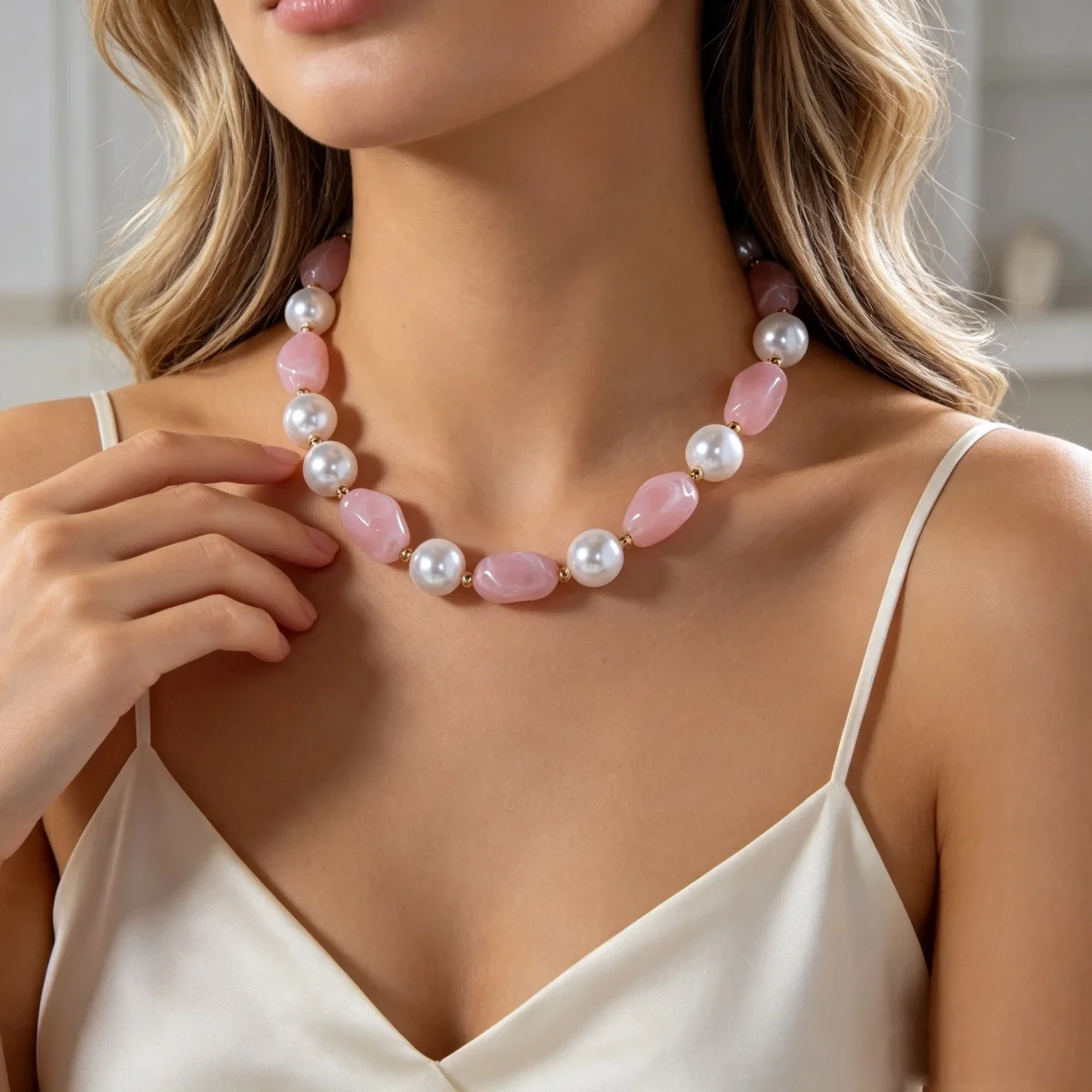 Französische sanfte barocke Halskette mit simulierten Perlen aus rosa Harz für Damen und Herren, elegante, süße, unregelmäßige Perlen, Choker-Schmuck, Geschenk – Detail 8