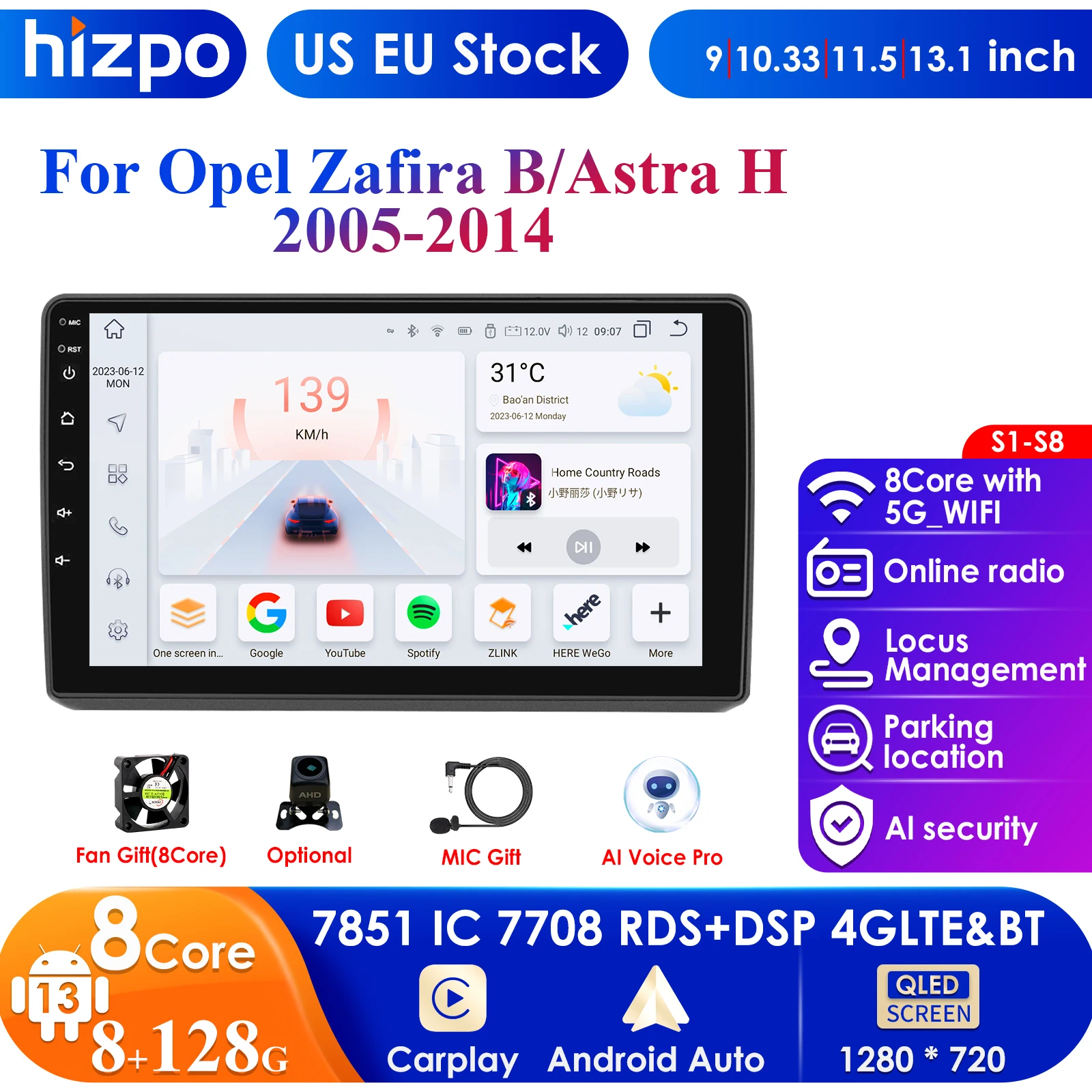 Hizpo 4G 9'' AI Intelligent Systems Wireless CarPlay Android Auto Radio for Opel Astra H 2004 - 2014 Zafira B Car Multimedia GPS