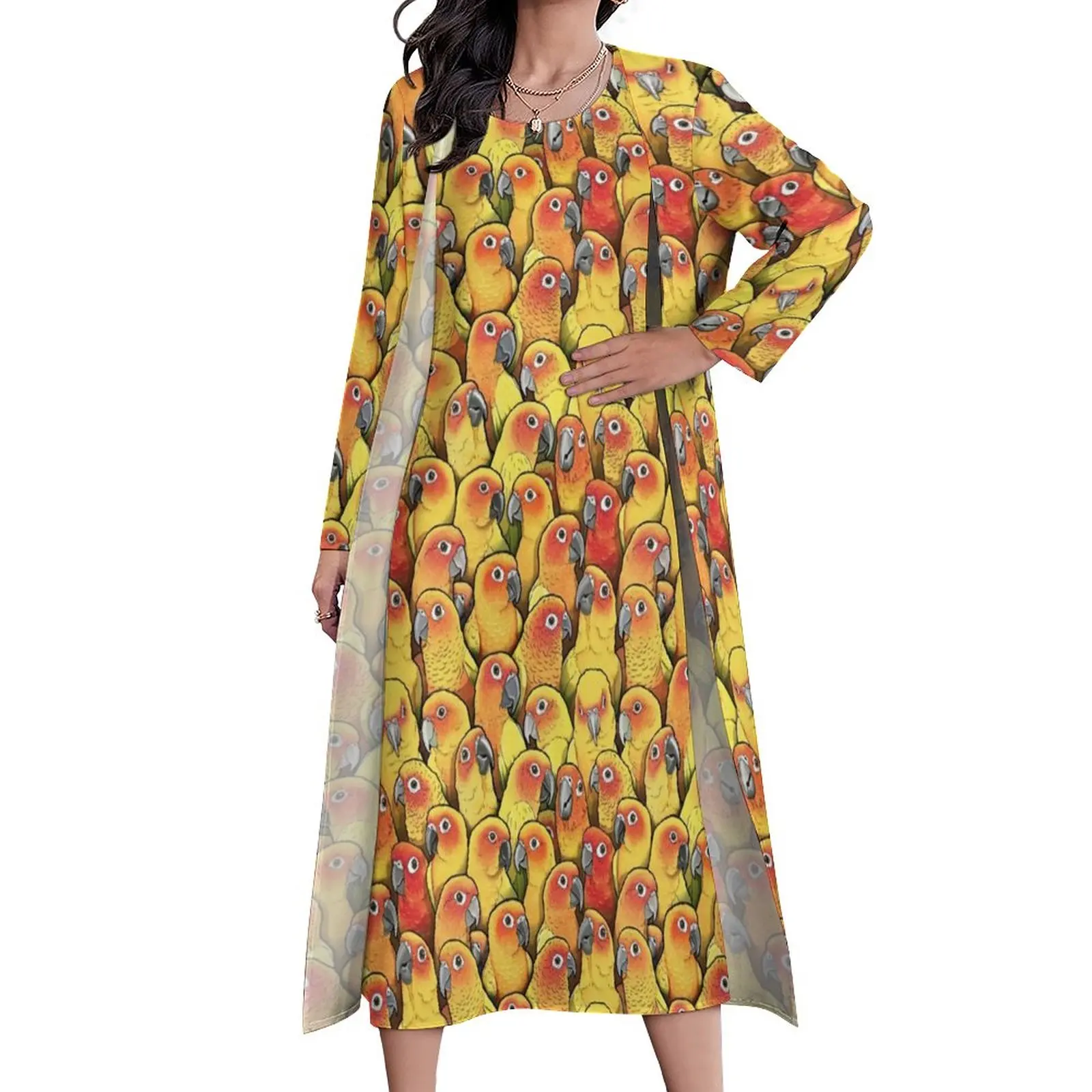 Yellow Parrot Dress Summer Sun Conures Print Aesthetic Boho Beach Long Dresses Women Custom Cute Maxi Dress Large Size