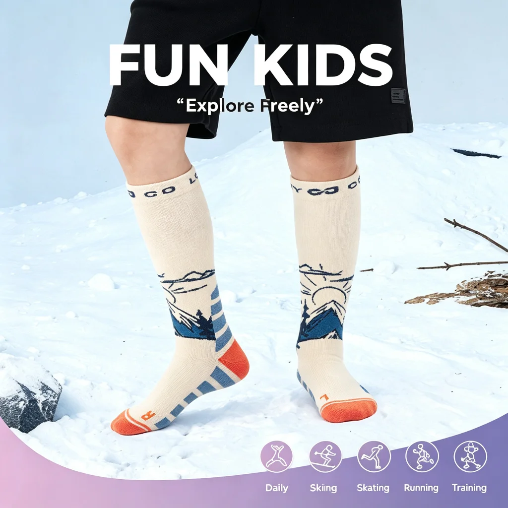 Kids Wool Ski Socks, Thermal Warm Winter Snow Socks with Gradient Compression Padded Sole for Boys Girls Skiing Snowboarding