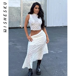 Two Piece Set Women Lace Embroidery Skirts Outfits Sexy Sleeveless Crop Top+High Waist Irregular Long Skirt 2024 Spring Summer