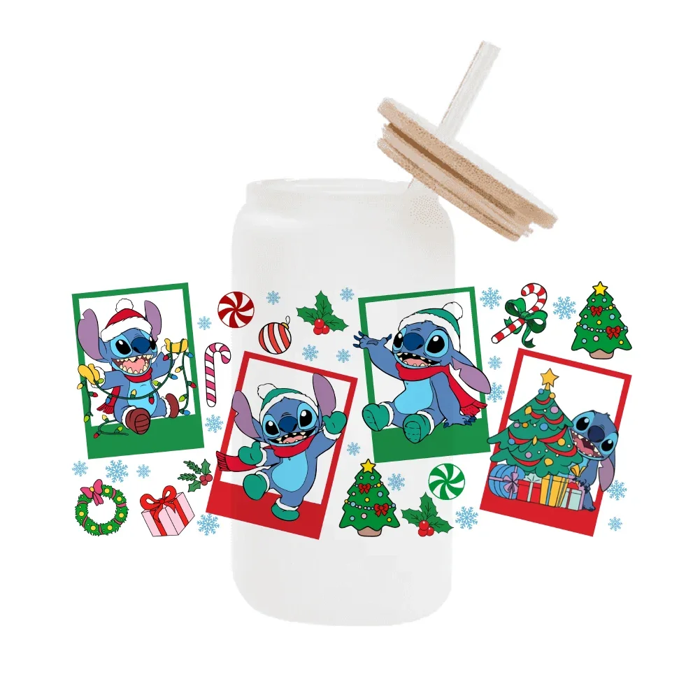 Disney Christmas Stitch For Libbey 16oz Can Glass 3D Waterproof UV DTF Coffee Can Wrap Libbey Glass Wrap